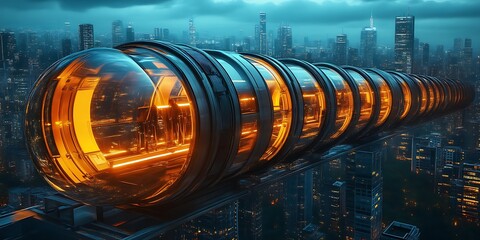 Futuristic city transport pod system above skyscrapers.