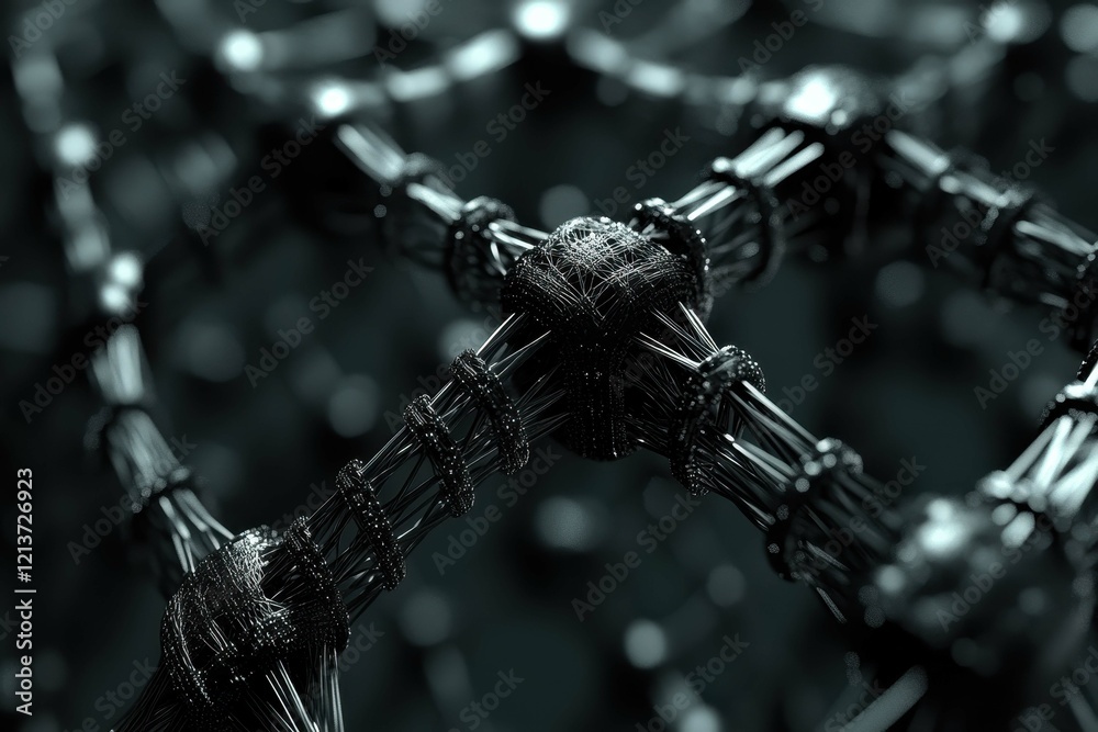 Poster intricate network of interconnected fibers showcasing advanced material design in a dark setting