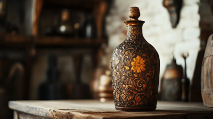 A brown vase with a flower design sits on a wooden table