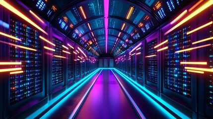Fototapeta premium Dynamic data center operations neon server room digital infrastructure high-tech environment futuristic viewpoint technology concept