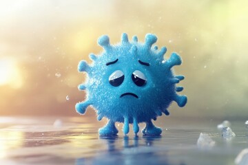 Saddened blue virus character with a textured surface in a soft, colorful background depicting infection and disease emotions