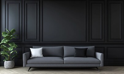 Dark gray sofa against a black paneled wall.