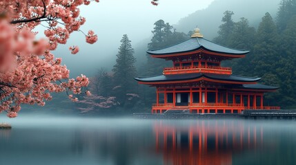 Fototapeta premium Misty Spring Pagoda Lake Reflection, Japan, Travel Poster