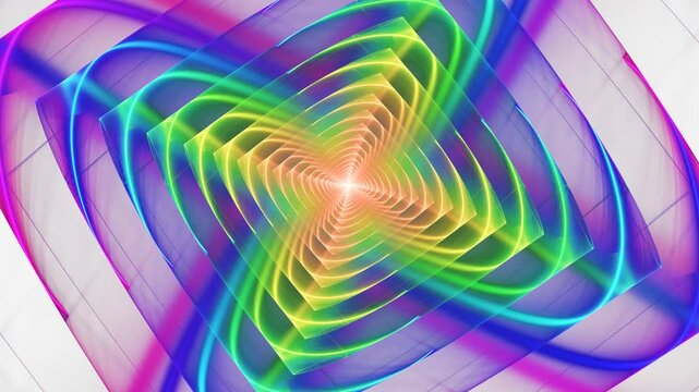 Spectrum bright background spiral motion around center. Foursquare shaped rainbow elements twirling. Multicolored curved vibes, fluids emanating, radiating from center and spin. 4K UHD 4096x2304