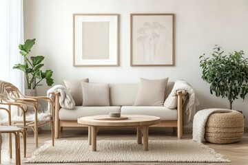 A Scandinavian living room featuring light wood furniture, neutral colors, and cozy atmosphere. Use clean lines, simple design, and plenty of natural light. 
