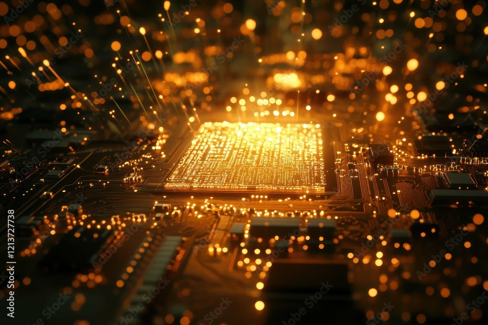 Poster illuminated circuit board with glowing microchip and data connections in a modern technology setting