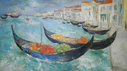 1. A vibrant abstract representation of a floating market with swirling colors of blue, orange, and green, depicting boats filled with fruits and vegetables surrounded by a dreamy waterway scene 