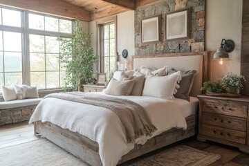 A rustic bedroom featuring reclaimed wood furniture, stone accents, and earthy tones. Incorporate a large bed, vintage lighting fixtures, and cozy textiles