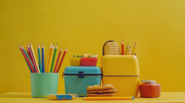 Colorful lunchbox, pencils, and snacks on yellow background