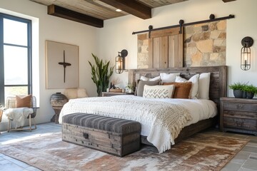 Fototapeta premium A rustic bedroom featuring reclaimed wood furniture, stone accents, and earthy tones. Incorporate a large bed, vintage lighting fixtures, and cozy textiles