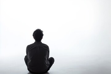 Fototapeta premium Person sitting alone in solitude on a clean white background with a calm expression of reflection