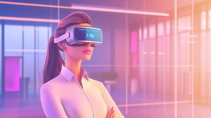 Office woman in vr glasses, metaverse hologram and cyberspace, Generative AI