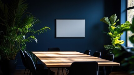 Modern Office Meeting Room with Plants and Blank Frame