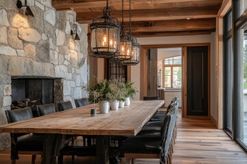A rustic dining room featuring reclaimed wood furniture, stone accents, and earthy tones. Incorporate a large farmhouse table, vintage lighting fixtures