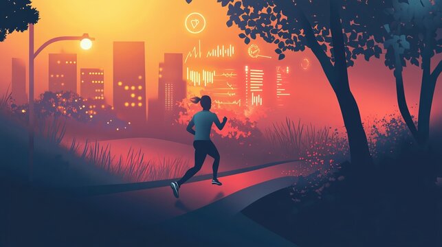 A banner for a fitness tracker app with glowing statistics displayed over a jogger running through an urban trail.