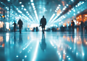 Dimly Lit Urban Space with Silhouetted Figures Walking Across a Glossy Floor Under Bright LED Lights and Reflections in a Modern Environment