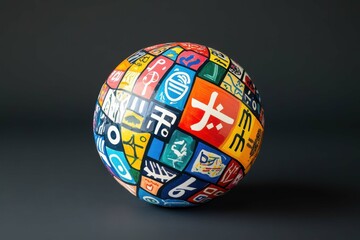 Obraz premium Colorful globe decorated with various artistic symbols in a dark setting showcasing global cultures