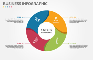 Visual data presentation. Cycle diagram with 4 options. Pie Chart Circle infographic template with 4 steps, options, parts, segments. Business concept. Marketing infographic vector illustration.