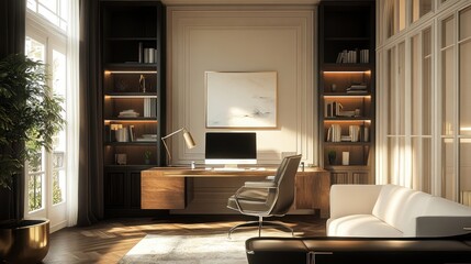 Sunlit luxury home office, Parisian design, bookshelves, desk