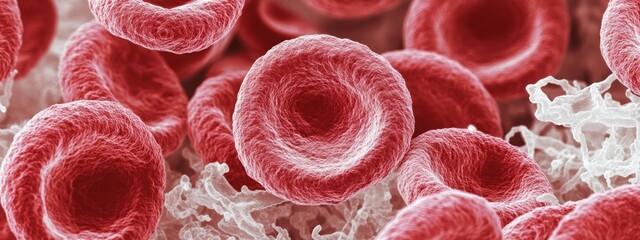 Microscopic View of Red Blood Cells and Fibrin Network in Bloodstream