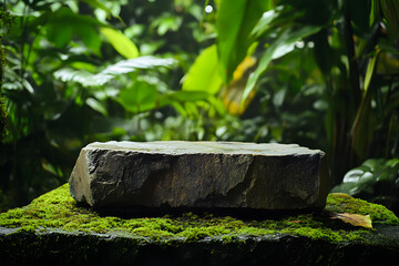 Obraz premium detailed shot of textured stone podium resting on mossy surface, surrounded by vibrant greens and natural rainforest elements, ideal for organic and artistic themes.