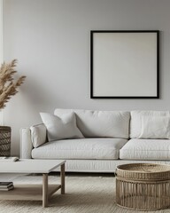 High-resolution living room featuring black-framed art, white sofa, Scandinavian table with boho accents, soft daylight.