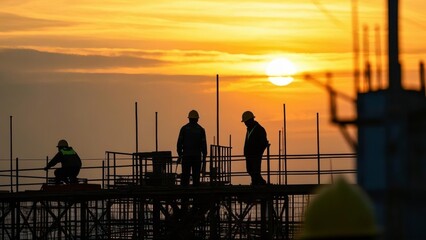 Obraz premium Engineer and construction team at work, silhouetted against a warm sunset, embodying teamwork and progress in industrial settings.