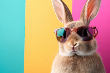 Fototapeta premium Cool bunny wearing sunglasses against colorful background, exuding fun and playful vibe. This adorable rabbit captures attention with its stylish look and vibrant setting