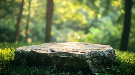 Obraz premium serene natural scene showcasing simple stone podium on grassy hill, with blurred forest in the background and soft lighting for an organic aesthetic.