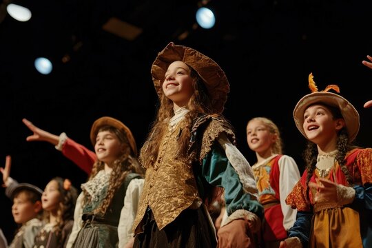 Children perform a lively musical number on stage during a theater production in a vibrant community center