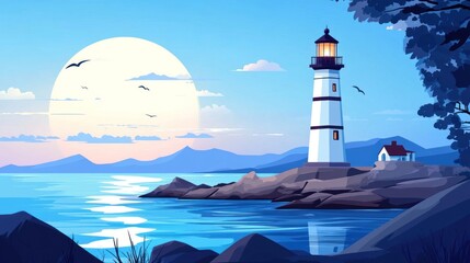 Serene coastal scene at sunset with lighthouse, rocks, sea, and birds.