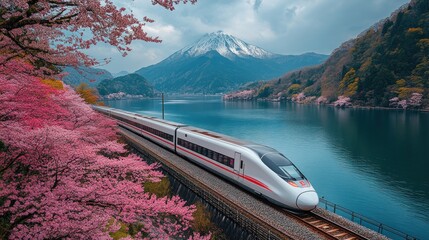 Scenic Japan train ride, cherry blossoms, mountain lake