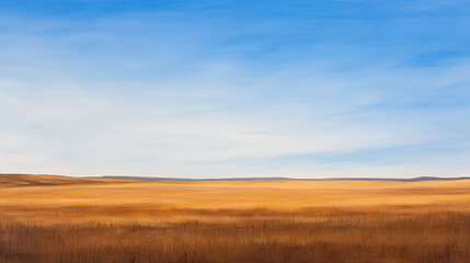 Expansive Prairie Under Blue Sky: A Landscape of Grass and Distant Hills