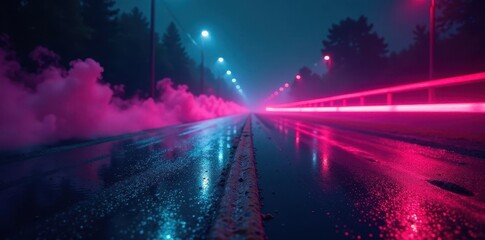 Obraz premium Dark, wet asphalt reflects neon glow; smoke trails , moody, art