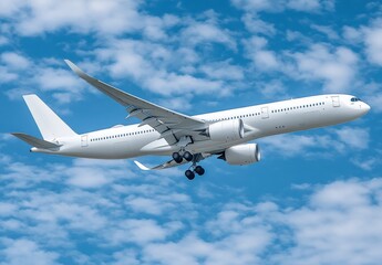 Obraz premium Large White Passenger Airplane Flying in Blue Sky with Wispy Clouds, Representing Air Travel, Transportation, Aviation, and Modern Design in Clear Weather Conditions