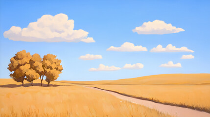 Autumnal Grove and Path: A Landscape with Trees, Field, and Cloudy Sky