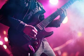 Obraz premium Musician performing on stage with electric guitar during vibrant live concert
