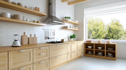 Bright Minimalist Kitchen with Wood Cabinets