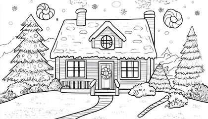 Obraz premium Winter House Coloring Page: Cozy Scene