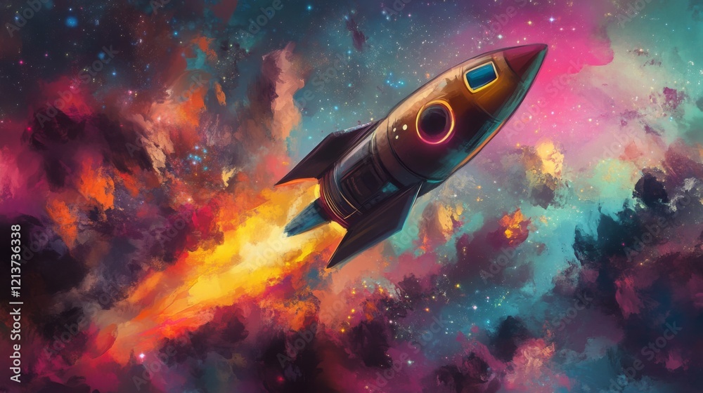 Aufkleber the artwork depicts a rocket soaring upward through a striking blend of colorful clouds in space, su