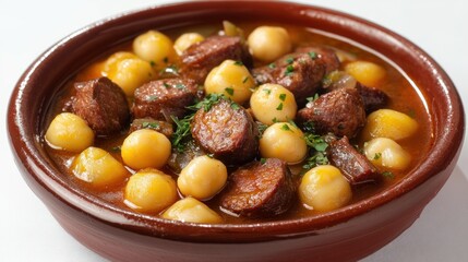 Chickpeas and chorizo stew in a rustic bowl.
