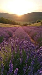Obraz premium A serene lavender field at sunrise, with rows of purple flowers stretching to the horizon and soft golden light