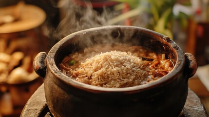 Steaming Hot Rice and Curry in Traditional Clay Pot Authentic Cuisine