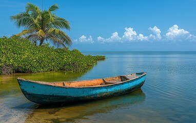 Old wooden boat on calm tropical water near shore.