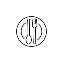 Catering icon. Menu, cafe, restaurant, spoon, fork, knife, plate icon set in line. Catering logo. Food and drink logo. Cafe logo icons. Tableware Vector illustration