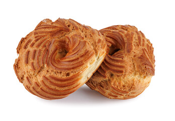 Two eclairs isolated on white background . Profiterole cake on white background . Eclair in the form of a ring .