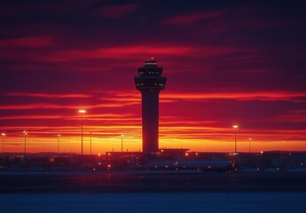 Majestic Sunset Over Airport Tower Highlighted by Vibrant Colors Casting a Stunning Silhouette Against the Sky at Dusk, Creating a Breathtaking View for Travelers