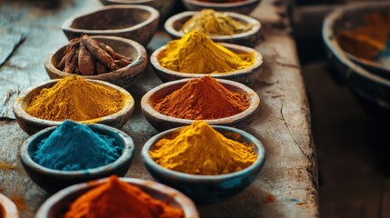 Vibrant Colorful Spices in Rustic Bowls Indian Food Turmeric Paprika Culinary Ingredients