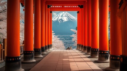 Fuji Mountain view through red torii gate, Japan
