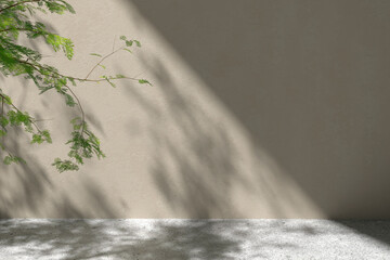 A concrete texture background that is great for use in various designs with a harmonious combination of warm sunlight and green leaves. 3d rendering.
